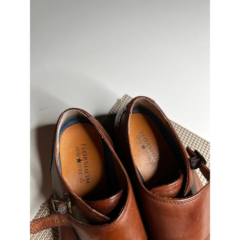 Florsheim Mens 9.5D Double Monk Strap Shoes Brown Leather Cap Toe Brogue 11590
